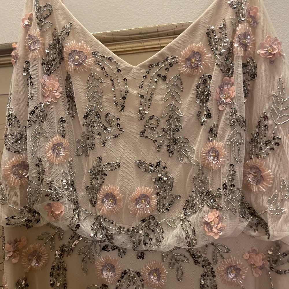 Beautiful beaded floral Adrianna Papell blush champagne beaded gown dress sz 4/6 - Picture 4 of 9